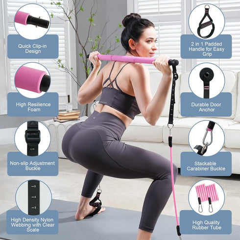 Pilates Bar Kit with Resistance Bands, Multifunctional Bar with 3 Set Exercise Bands for Home Gym Yoga