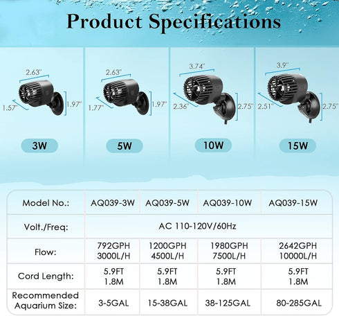 AQQA Aquarium Wave Maker, 3W/5W/10W/15W Suction Cup Fish Tank Pump, Ultra Quiet Submersible Circulation
