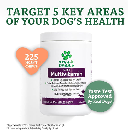 Doggie Dailies 5 in 1 Multivitamin for Dogs, 225 Soft Chews - Supports Skin & Coat, Joint Health, Digestion, Immune