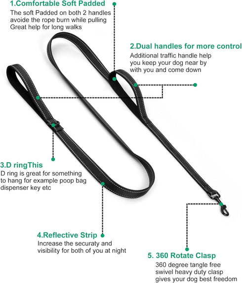 Heavy Duty Dog Leash, 5FT/6FT Double Handle Reflective Training Lead for Large Breed Dogs, Black