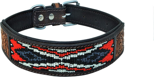 Leather Dog Collar, Western Style Heavy Duty Hand Tooled Adjustable Beaded and Padded for Puppies and Big Dogs