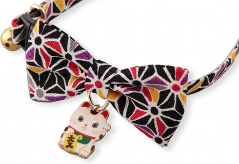 Necoichi Lucky Cat Charm Bow Tie Cat Collar (Black) with Bell, Safety Breakaway Soft Lightweight for Cats, Japanese