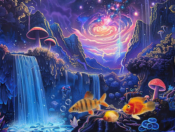Galaxy Space Planet Aquarium Background: Waterfall Landscape Tapestry with Fantasy Mountain Wave Wall Tapestry for Fish