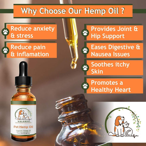 Valerio Pets Hemp Oil for Dogs and Cats - 1 Oz - Hemp Oil Drops with Omega Fatty Acids for Skin Health and Joint Support