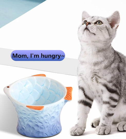 Raised Tilted Ceramic Cat Food Bowl - Cute Fish Shape Elevated Slanted Dish for Kitty Dry Wet Treats