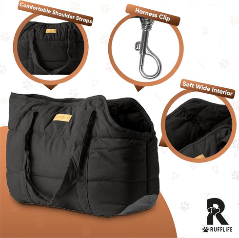 Cozy Plush Pet Carrier Purse - Lightweight Tote Design for Small Dogs and Puppies, Secure Harness Clip (Black)