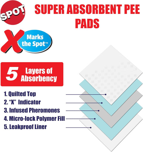 SPOT 5-Layer 22 22 100-Count X Marks The Puppy Training Pads Extra Absorbent, Leak-Proof Dog Pee Pads with Adhesive