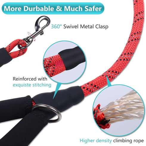 VIVAGLORY Strong Rope Dog Leash, 3ft Durable Short Leash with Soft Neoprene Padded Handle for Small Medium Dogs, Red