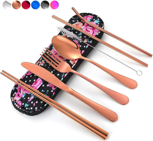 Travel Utensils - Reusable Silverware Set To Go, Portable Cutlery Set with Waterproof Carrying Case for Lunch Boxes,