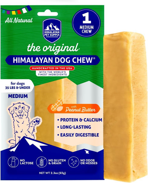 Himalayan Dog Chew Original Yak Cheese Chew - Peanut Butter, 1 Medium Stick, Gluten Free, Healthy Treats