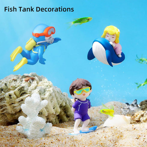 3 Pack Floating Fish Tank Decorations| Cute Little Diver, Surfer boy, Whale-riding girl for aquarium decorations?desktop ornaments?car decorating| Fish tank accessories decorations