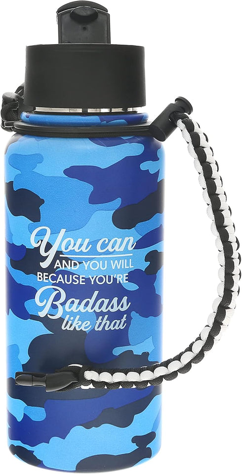 Pavilion Badass 32 oz. Stainless Steel Water Bottle, Reusable Leak Proof BPA-Free Flask, Camouflage Bottle, Blue