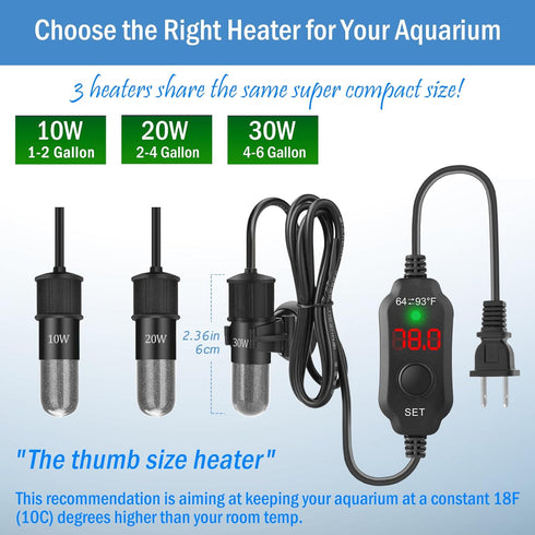 Super Mini 10W Aquarium Heater for Betta, Adjustable Submersible Fish Heater with Digital Display for 1-2 Gallon
