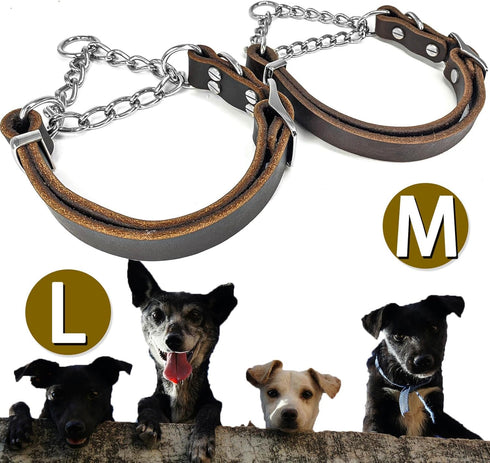 Leather Martingale Dog Collar, Adjustable for Medium Large Dogs, Soft Genuine Cowhide with Stainless Steel Chain (L,
