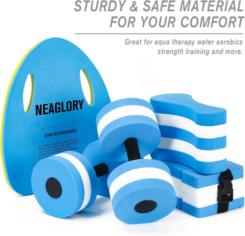 NEAGLORY 5 Pieces Water Aerobics Set, Aquatic Exercise Pool Fitness Equipment with Foam Dumbbell, Swim Kickboard, Pull
