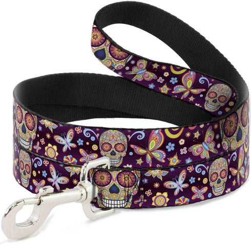 Dog Leash, Mariposa Calaveras Butterflies Flowers, Burgundy Multi Color, 4 Feet Long, 1.5 Inch Wide