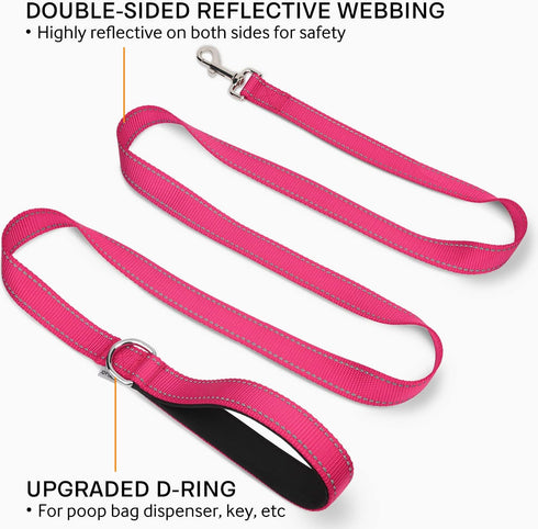 Joytale Double-Sided Reflective Dog Leash, 6 FT/5 FT/4 FT, Hotpink, Padded Handle for Small & Medium Dogs Walking