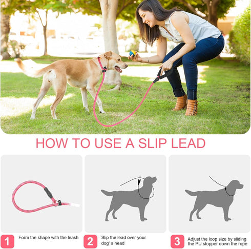 Slip Lead 6 FT for Medium and Large Dogs, Heavy Duty No Pull Reflective Nylon Dog Training Leash, Pink Color