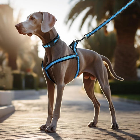 Mile High Life Night Reflective Double Adjustable Band Nylon Small Puppy Pet Dog Combo Collar Leash and Harness Set (Reflective Edge Blue, Large (Pack of 3))