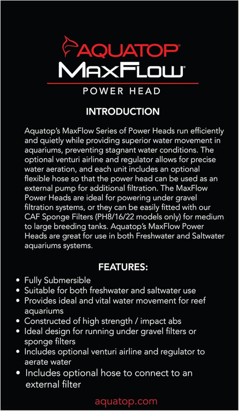 Aquatop MaxFlow 211 GPH Submersible Aquarium Power Head - High-Performance Water Pump, Quiet and Efficient