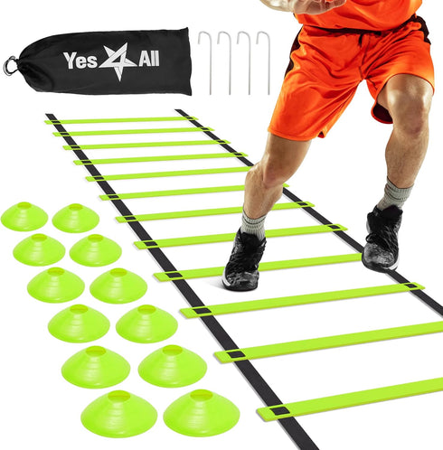 Yes4All Ultimate Combo Agility Ladder Training Set – 12 Adjustable Rungs, 12 Agility Cones & 4 Steel Stakes
