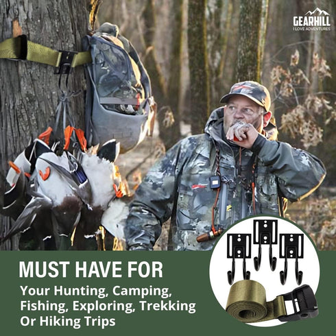 Tree Stand Gear Hanger, Comes with 3 Strong and Durable Double Tree Hooks for Hunting, Sturdy Thick Tie Down Straps,