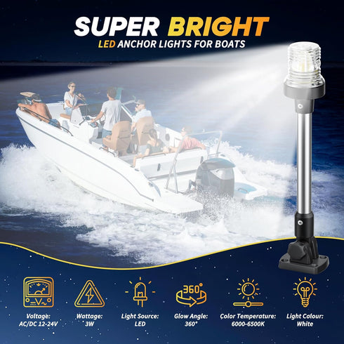 18 Inches IP67 (12-24V) Boat Stern Light Anchor Light LED Marine, Waterproof Fold Down White Back Boat Navigation