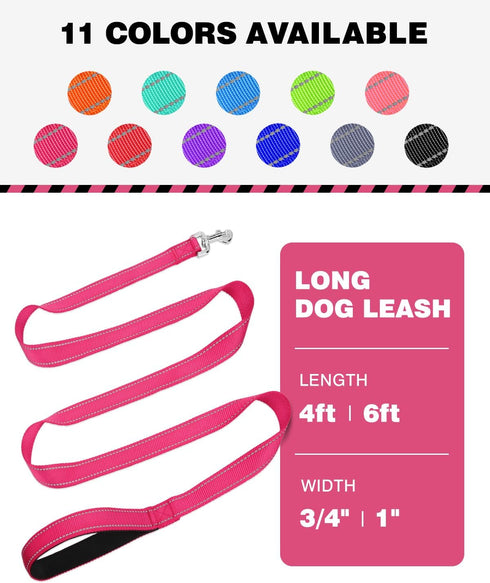6ft Dog Leash for Small Medium Large Dogs - One-Sided Reflective Nylon with Padded Handle - Hot Pink