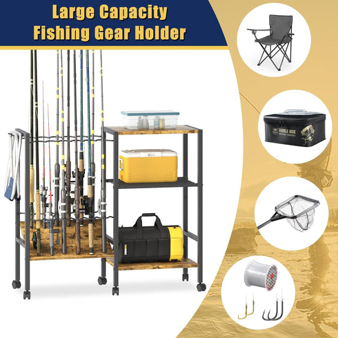 Fishing Rod Rack with Wheels, Metal Fishing Gear Shelf for Up to 12 Rods, Fishing Pole Storage Cart for Home Entryway