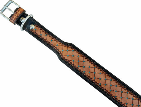 Leather Dog Collar, Western Style, Heavy Duty Hand Tooled, Adjustable Padded for Puppies and Big Dogs (10AB130-XS)