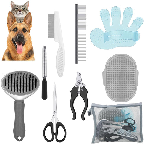 9 Pcs Dog Grooming Brush Shedding Kit, Self-Cleaning Slicker Brush, Nail Clippers, Scissors for Cats and Pets