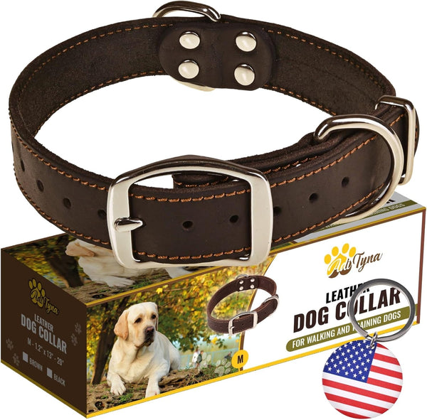 ADITYNA Heavy Duty Black Leather Dog Collar - Soft Medium Dog Collar for Walking, Training, Hiking, Running