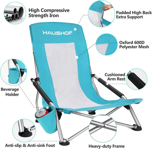 HAUSHOF High Back Beach Chair, Mesh Back Folding Chair, Lightweight Low Seat Camping Chairs with Cup Holder, Carry Bag