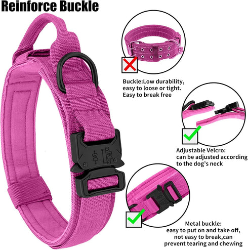 Tactical Dog Collar with Heavy Duty Metal Buckle and Handle for Dog Training, Pink, M