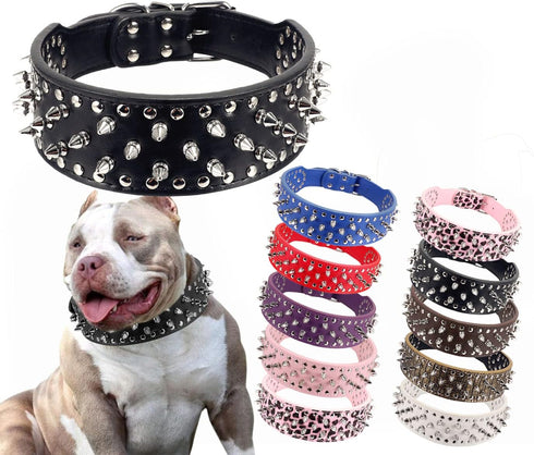 Hoot PU Leather Adjustable Spiked Studded Dog Collar 2" Wide 25 Spikes (XS Neck 15"-18", Black)