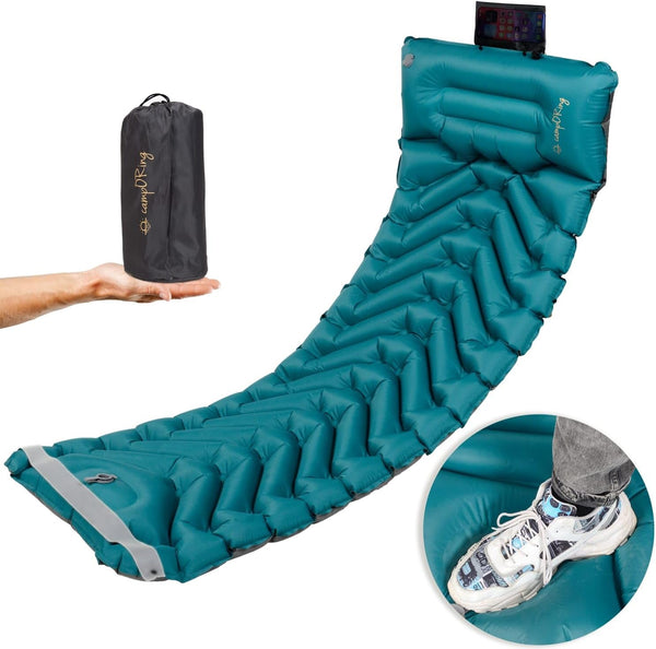 Inflatable Camping Sleeping Pad, Thick 4 Inch Ultralight Mat with Pillow and Built-in Foot Pump