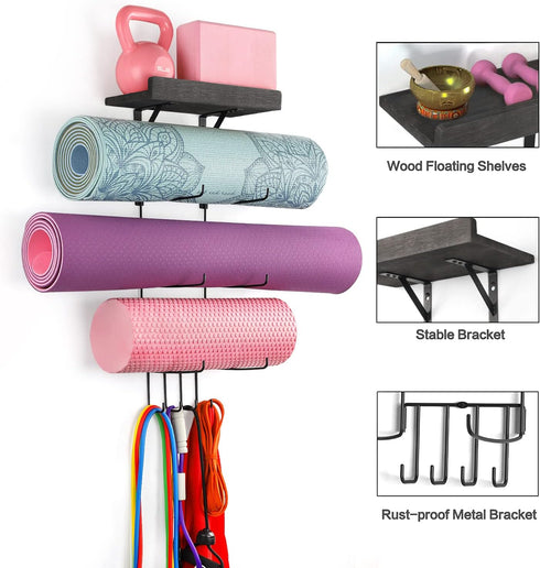 VINAEMO Yoga Mat Holder Accessories - Wall Mount Organizer with 4 Hooks and Wooden Shelves for Foam Roller and Towel
