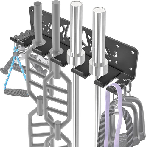 Kipika Wall Mounted Barbell Holder with 7-Hooks Storage Rack for 4 Barbell Bars and Fitness Accessories