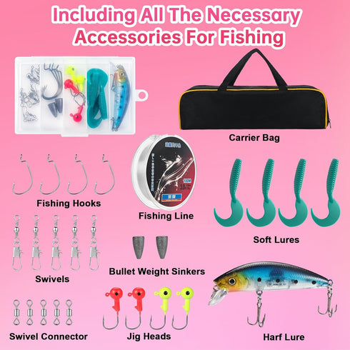Lady Fishing Rod and Reel Combos, Carbon Fiber Telescopic Fishing Pole Kit with Spinning Reel, Fishing Line, Lures,