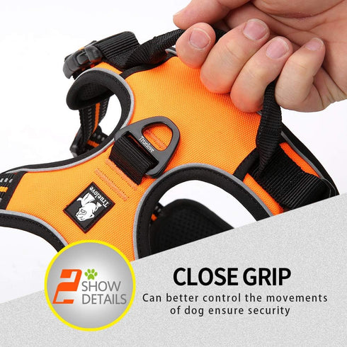Soft Front Dog Harness, Best Reflective No Pull Harness with Handle and 2 Leash Attachments in Orange