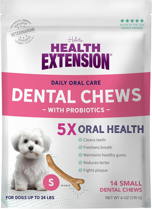 Health Extension Probiotic Dog Chew Bone Treats, Medium Sticks for Dental Cleaning & Breath Freshener, Small, Pack of 14