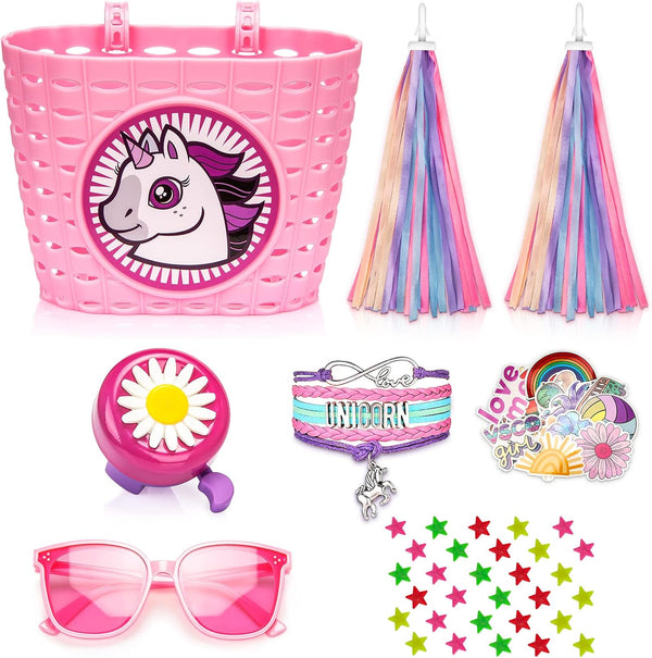 Kids Bike Basket Set for Girls, Handlebar Basket with Unicorn Bracelet, Bell, Streamers, and Sunglasses
