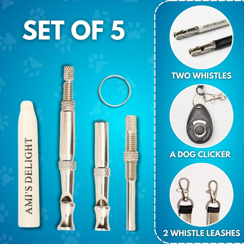 Ami's Delight Dog Whistle Set of 5 | 2PCS Premium Quality Adjustable Dog Whistles with 2 Black Lanyards and a Dog Clicker | Ultrasonic Dog Whistle to Stop Barking Neighbors Dog