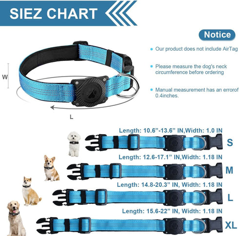 Airtag Dog Collar, Waterproof Air Tag Holder, Reflective Comfortable Padded Adjustable Collar for Heavy Duty Dogs, Blue