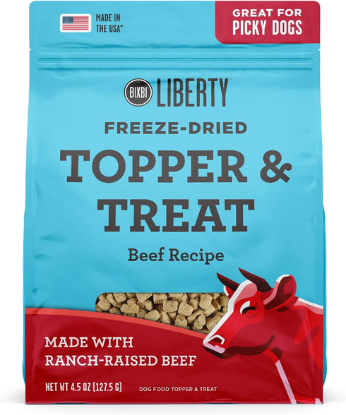 BIXBI Liberty Freeze Dried Dog Food Topper + Treat, Beef Recipe, 4.5 oz, 98% Meat, No Fillers, USA Made
