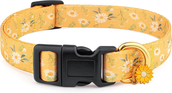 Cotton Handmade Dog Collar for Small Medium Large Dogs, Yellow Daisy with Pendant Cute Dog Collars, Ideal for Girl Dogs