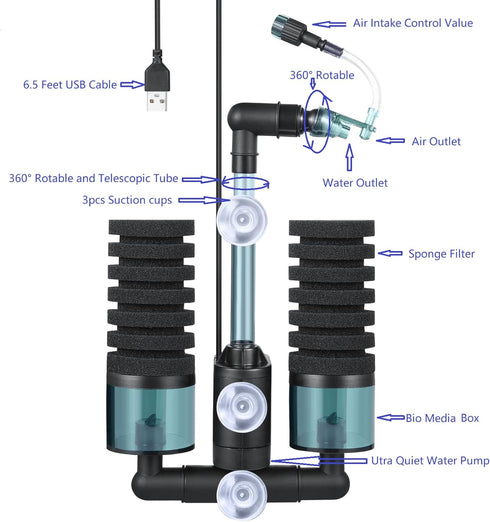 QANVEE M(15-50 Aquarium Sponge Filter Bubbler with Ultra Quiet Water Pump and Ceramic Balls for Fish Shrimp Breeding