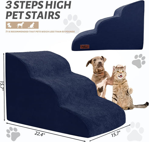 Dog Stairs and Steps for Beds Or Couches, 3-Step Pet Stairs for Small Dogs and Cats, Soft Non-Slip Ramp for Older Dogs