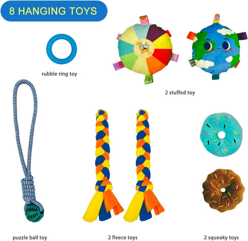 8 Dewonch Puppy Play Gym with Hanging Toys, Small Dogs Indoor Jungle Gym, PVC Frame with Bungee Straps Enrichment