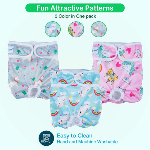 3 Pack Washable Pet Dog Diapers for Female Dogs in Heat - Reusable Period Panties, Puppy Diapers (Animals, XS)